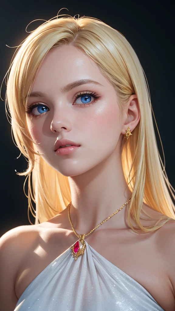 best quality, masterpiece, high_res, 1girl, hair ornament, necklace, jewelry, Beautiful face, upon body, tyndall effect, photo realistic, dark studio, rim lighting, two tone lighting, (high detailed skin:1.2), 8k uhd, dslr, soft lighting, high quality, volumetric lighting, candid, Photograph, high resolution, 4k, 8k, Bokeh, medium breasts, open fingers, (hair color:blonde:1)