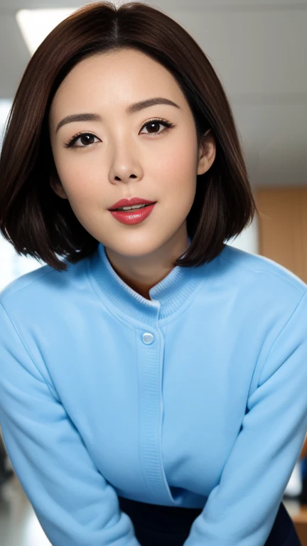 (a masterpiece portrait of a woman with ultra detailed features, in 8K resolution, with crisp quality and vibrant colors)、( focusing on her face)、Female office worker、 Wearing a Business Suit 、 one woman、 Japanese、Age 30、Brunette woman、 Pro Pictures、Beautifully arranged short bob cut hair、( shot from the front :1.4)、(Front View:1.4)、( viewers:1.8)、 glossy red lipstick 、 glossy red lipstick 、Thick lips、 brown eyes、Round eyes、(A face waiting for a kiss:1.2)、background: office、 is placed in the center of the screen、 face、