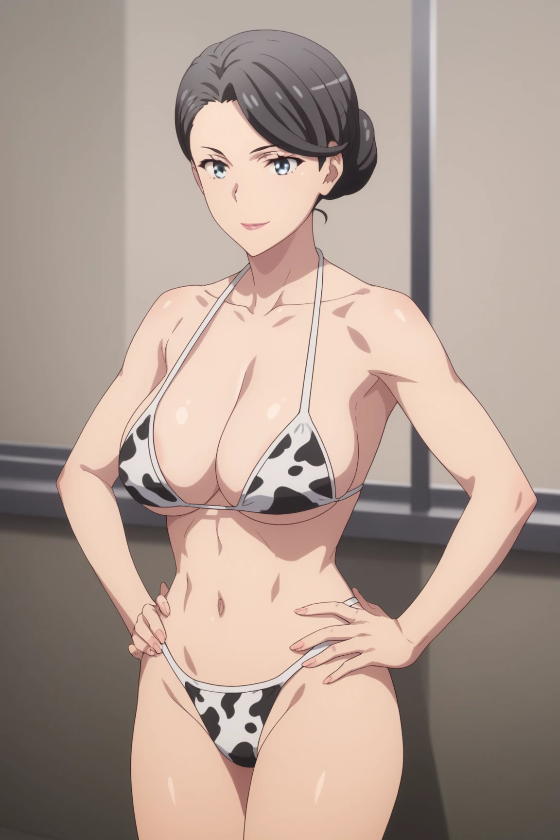 ((1 girl)) whole body, standing, gray skin, drow, elf, maduro, purple eyes, by white, black bikini, ABS, Large knockers, tattered rags, chain collar, stomach tattoo (red tattoo)