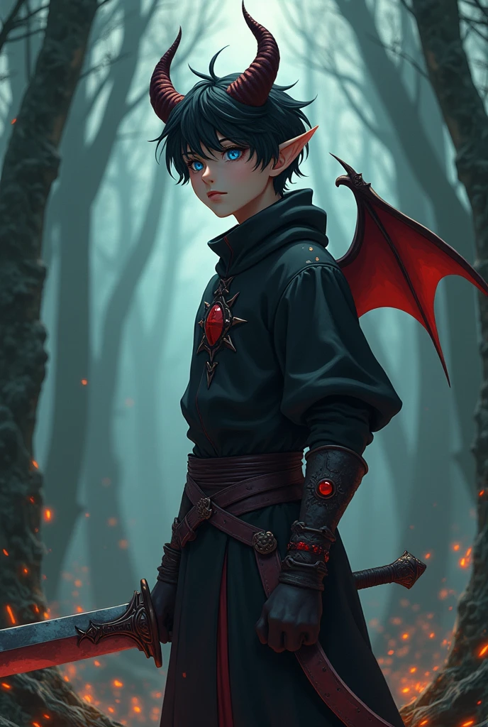 A dark-skinned boy with a red katana, brown hair, deep red eyes, dragon features