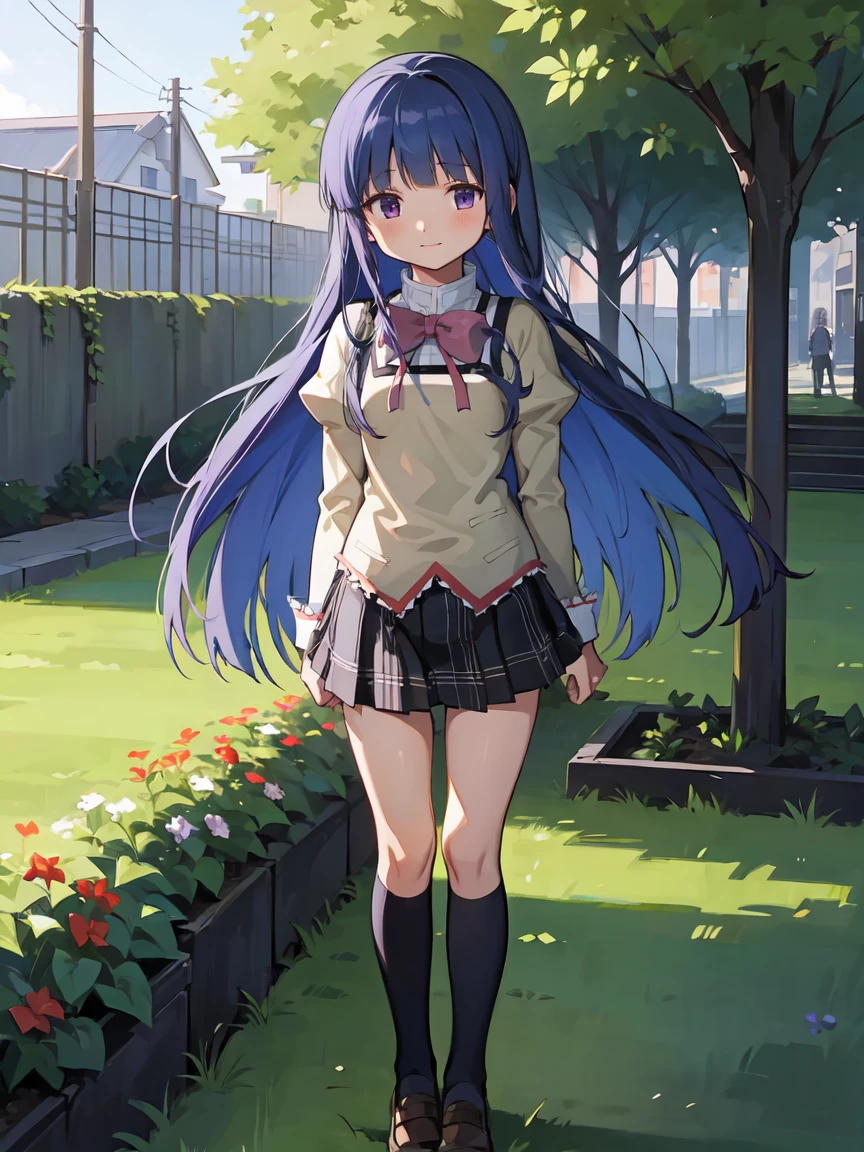 (Furude Rika),  1 Woman , Alone, ((mitakihara school uniform)), ( red ribbon ),  plaid skirt,  blue hair,  purple eyes,  long hair, blunt bangs, bangs,  garden, full body,  standing