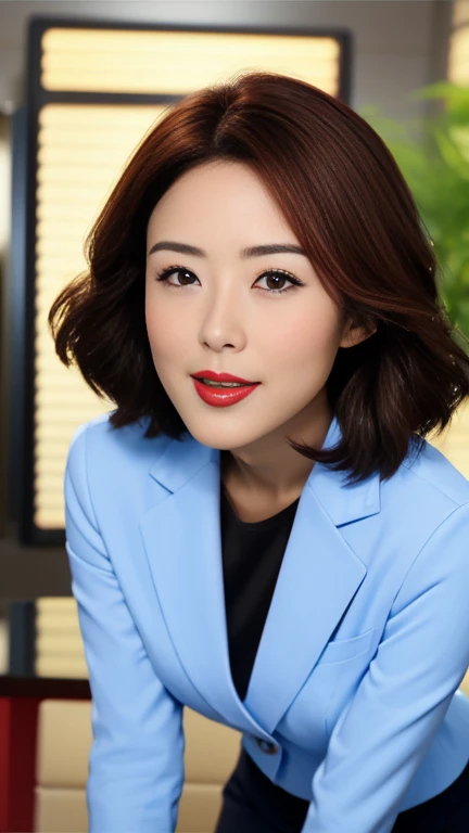 (a masterpiece portrait of a woman with ultra detailed features, in 8K resolution, with crisp quality and vibrant colors)、( focusing on her face)、Female office worker、 Wearing a Business Suit 、 one woman、 Japanese、Age 30、Brunette woman、 Pro Pictures、Beautiful and well-groomed short hair、( shot from the front :1.4)、(Front View:1.4)、( viewers:1.8)、 glossy red lipstick 、 glossy red lipstick 、Thick lips、 brown eyes、Round eyes、(A face waiting for a kiss:1.2)、background: office、 is placed in the center of the screen、 face、