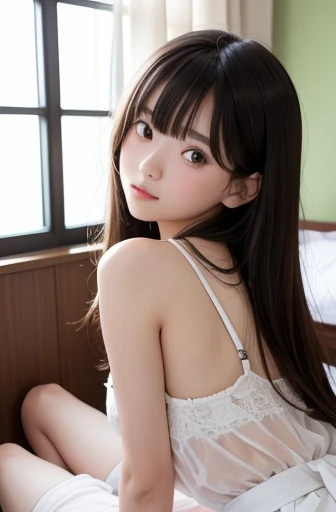 Best Quality,masterpiece,Very detailed、High resolution, Very detailed, Best Qualityの写真,Teen,age 15,High school girl,Idol,beautiful girl, Long Hair, straight, With bangs, Black Hair,Detailed eyes, Big Eyes,cute, cute,  cute Japanese woman staring at I、Very delicate and beautiful face,Hotel Rooms,Lie down in bed, Perfect dynamic composition,Simple wall background,　Fair-skinned girl, kind,Junior high school students,Kneel on the floor,Big Same, Pussy, Pussy, Nipples, I can see your panties,Slender thighs seen from the front, 18 years old, Data,Adorable , 美しいJunior high school students, Big Eyes, 美しいHigh school girl, Selfie, Personal photo shoot,Angle of Selfie,Women&#39;s Room,indoor , Nipples, High school girl（Hmmmm）,She smiles happily at me, Natural Hair