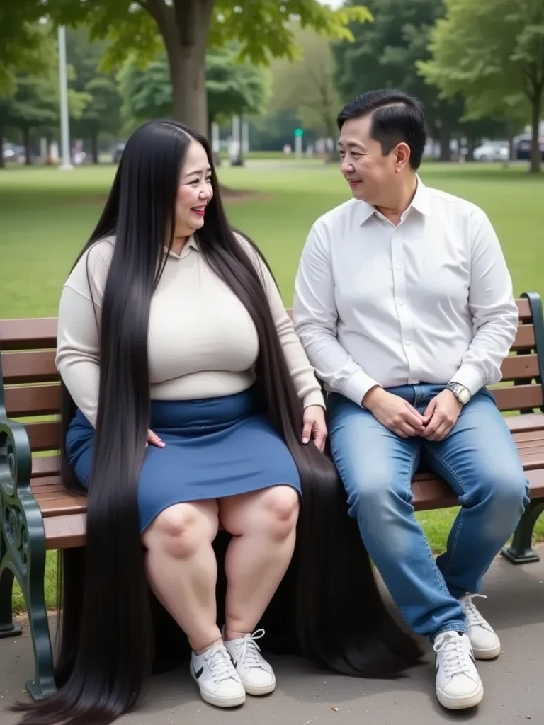 8k,Highest quality, masterpiece, Ultra-high resolution,(masterpiece:1.6, Highest quality), Intricate details, ((1 milf and 1 young man:1.8)),((A mature woman and a young man sit side by side on a park bench and stare at each other.:1.5)),(( mature woman's ridiculously long black hair covers the young man's body:1.5))｛woman,Middle-aged woman in her 50s, japanese, full body, ((dynamic pose:1.3)),top of head, ((Absurdly long hair:1.5)), ((jet Black Hair)), ((forehead:1.5)),extremely obese, Fat face, round face, Saggy face, crow's feet wrinkies, ((huge breasts, gigantic breasts:1.5)), ((super Saggy breasts:1.5)), ((pale skin, shiny skin, make up, red lips,Smiling happily)),(( white sweater, blue miniskirt, white sneakers :1.5))｝,break,｛((male,20th Generation, white collared shirt ,  blue jeans , short hair , nervous expression:1.5))｝