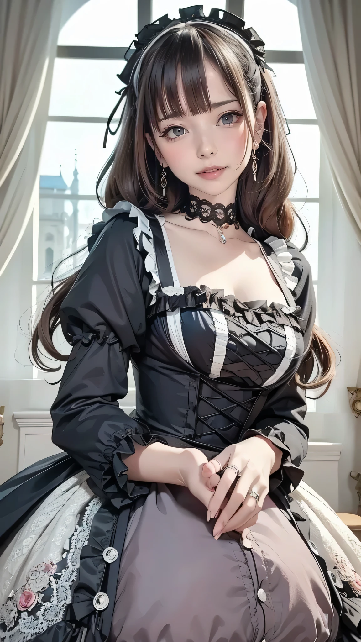 1 girl, ((beautiful girl in Lolita fashion: 1.4)), attractive face, elegant, gorgeous, (gothic lolita dresses, choker, earrings, rings, jewelry), luxurious, detailed beautiful face, (shiny hair, long hair), glowing eyes, (finely detailed beautiful eyes: 1.2), at a medieval european castle, (cowboy shot, from front, face focus), deep depth of field, stunning, fascinating, enchanting, cinematic lighting, cinematic composition, anime style, vibrant colors, thin lines, dreamlike, absurdres, highres, masterpiece, best quality, newest, very aesthetic, ultra quality, high detailed, anatomically correct, perfect hands, (anime art style),