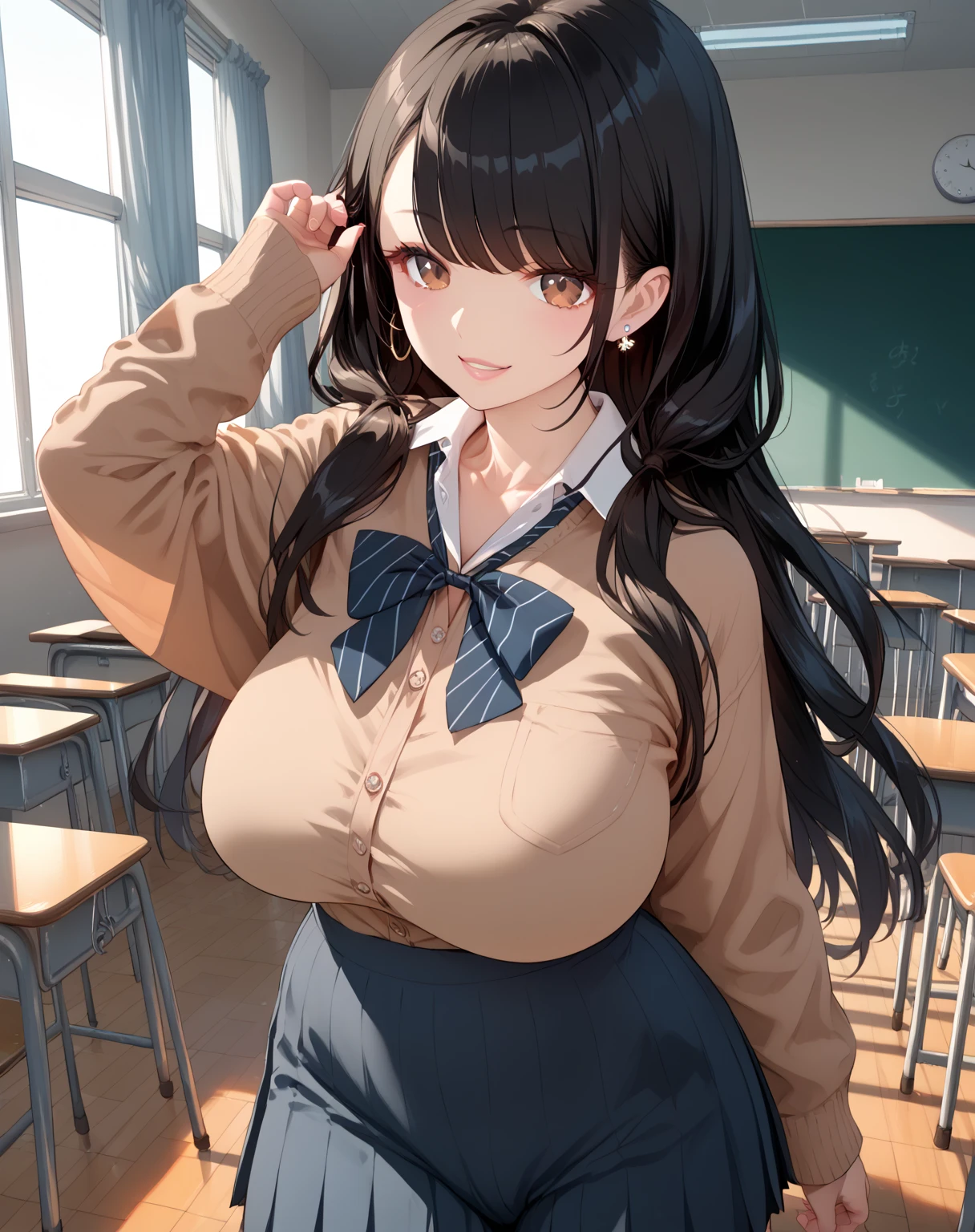 score_9, score_8_up, score_7_up, source_anime, 1girl, huge breasts, large breasts, curvy, voluptuous, black hair (straight bangs), brown eyes, long hair, high school female uniform, earrings, smile, standing, classroom, indoors, multiple students in the background