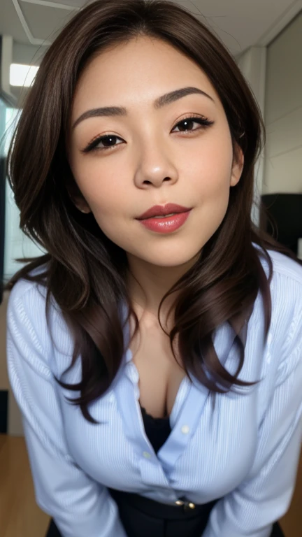 (a masterpiece portrait of a woman with ultra detailed features, in 8K resolution, with crisp quality and vibrant colors)、( focusing on her face)、Female office worker、 Wearing a Business Suit 、 single mature woman、 Japanese、40 years old、Brunette woman、 Pro Pictures、Beautifully arranged pixie cut hair、( shot from the front :1.4)、(Front View:1.4)、( viewers:1.8)、 glossy red lipstick 、 glossy red lipstick 、Thick lips、 brown eyes、Round eyes、(A face waiting for a kiss:1.2)、background: office、 is placed in the center of the screen、 face、 cleavage、