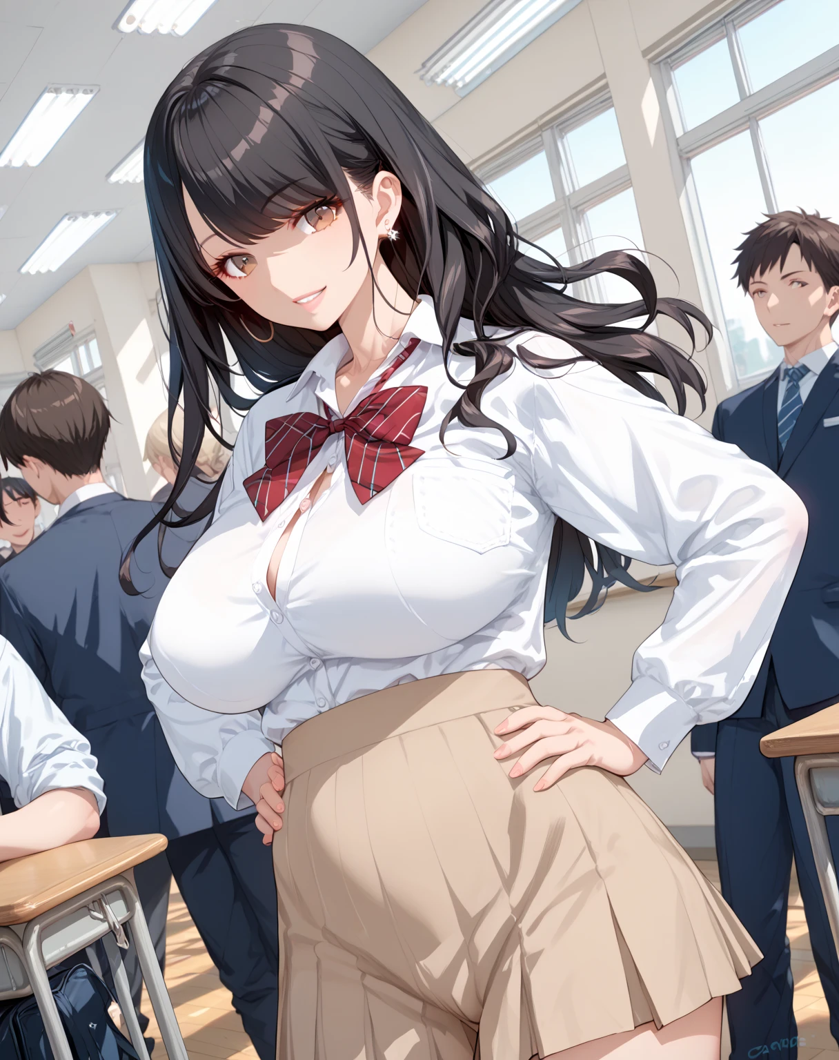 score_9, score_8_up, score_7_up, source_anime, 1girl, huge breasts, large breasts, curvy, voluptuous, black hair (straight bangs), brown eyes, long hair, high school female uniform, earrings, smile, standing, hands on hips, solo focus, classroom, indoors, multiple students in the background, crowd