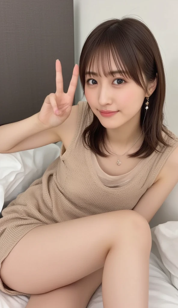 ((( top quality , very detailed,masterpiece, very detailed))) ,(((  bend your knees))),Loose chest, see-through, camisole, One Piece,barefoot, One Girl , realistic , lies down,bedroom、 looks sleepy
