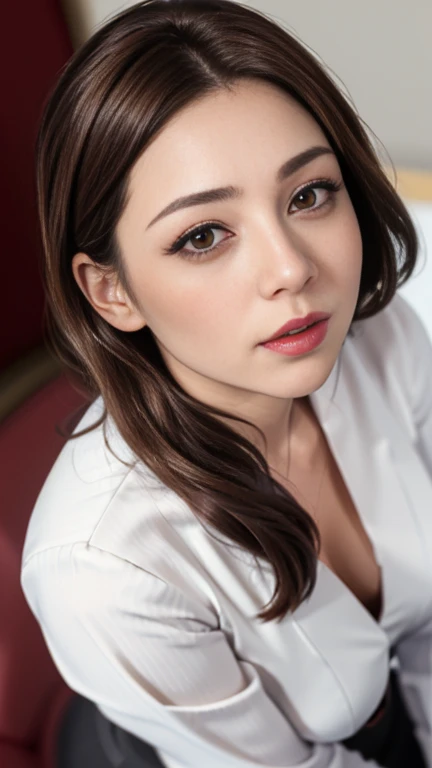 (a masterpiece portrait of a woman with ultra detailed features, in 8K resolution, with crisp quality and vibrant colors)、(from above, upper body, looking up)、( focusing on her face)、Female office worker、 Wearing a Business Suit 、 single mature woman、 Japanese、40 years old、Brunette woman、 Pro Pictures、Beautifully arranged pixie cut hair、( shot from the front :1.4)、(Front View:1.4)、( viewers:1.8)、 glossy red lipstick 、 glossy red lipstick 、Thick lips、 brown eyes、Round eyes、(A face waiting for a kiss:1.2)、background: office、 is placed in the center of the screen、 face、 cleavage、