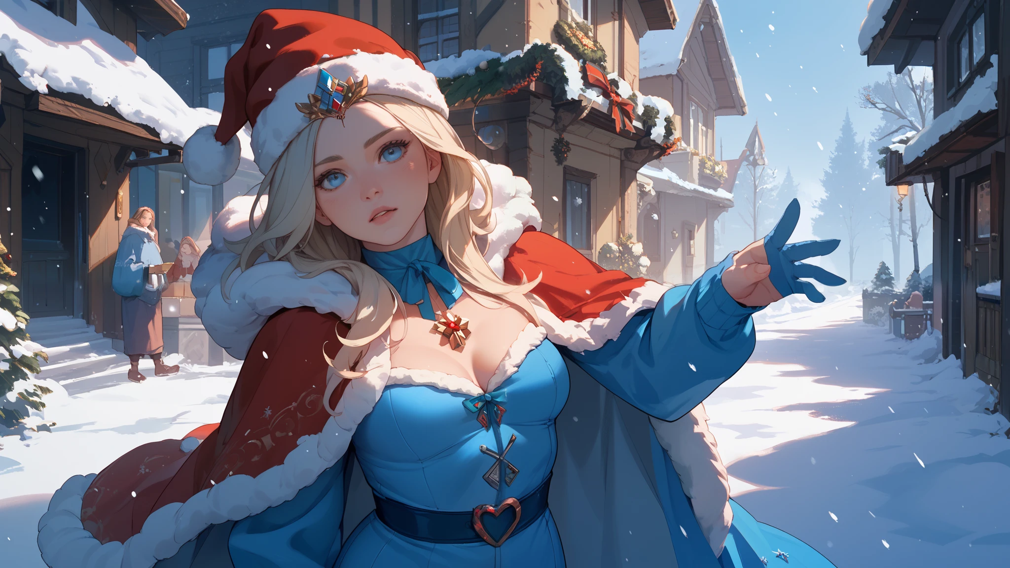 ((Finest quality)),(超A high resolution),(ultra-detailliert),((Best Anime)),sharpnes,Clair,Fantasy art with astounding depictions,Warm atmosphere, (Female Santa Claus),Iridescent eyes,