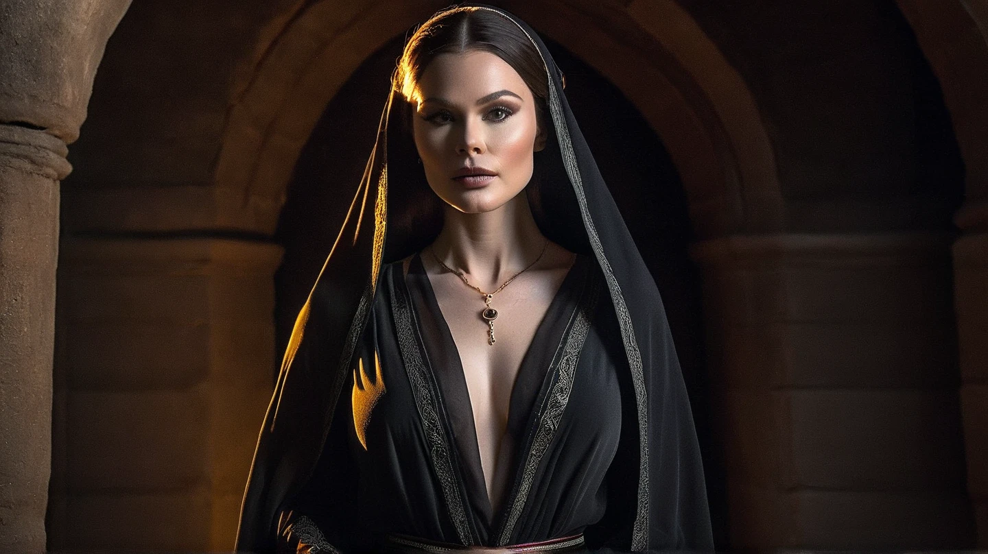 Masterpiece, top quality, finest quality, beautiful and highly aesthetic. Sharp, detailed and defined facial features, detailed anatomical features. A middle-aged beauty with glowing pale skin and a slim, ultra-detailed and gleaming body, dressed in a long black hooded robe that gracefully accentuates her massive breasts and plunging, defined cleavage. The robe clings to her body like a second skin, revealing the intricate curves and her perfect anatomy. The woman stands with poise and power in the center of an ancient, dank cave chamber, in her hands she holds an open, very old book, reading aloud, mumbling and whispering. Her figure is illuminated by a soft, ethereal light that pierces the darkness. Detailed surroundings, cinematic lighting, movie still, ultra-detailed image textures, capturing every detail with precision.
