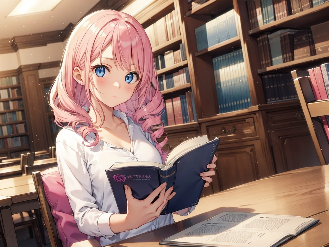 、 Girl with pink hair 、 blue eyes、 twin drill, Studying in the library