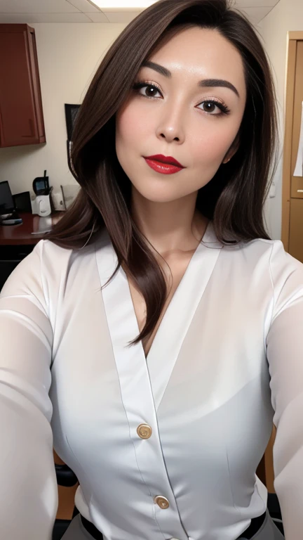 (a masterpiece portrait of a woman with ultra detailed features, in 8K resolution, with crisp quality and vibrant colors)、(from above, upper body, looking up)、( focusing on her face)、Female office worker、 Wearing a Business Suit 、 single mature woman、 Japanese、40 years old、Brunette woman、 Pro Pictures、Beautiful, well-groomed medium hair、( shot from the front :1.4)、(Front View:1.4)、( viewers:1.8)、 glossy red lipstick 、 glossy red lipstick 、Thick lips、 brown eyes、Round eyes、(A face waiting for a kiss:1.2)、background: office、 is placed in the center of the screen、 face、 cleavage、