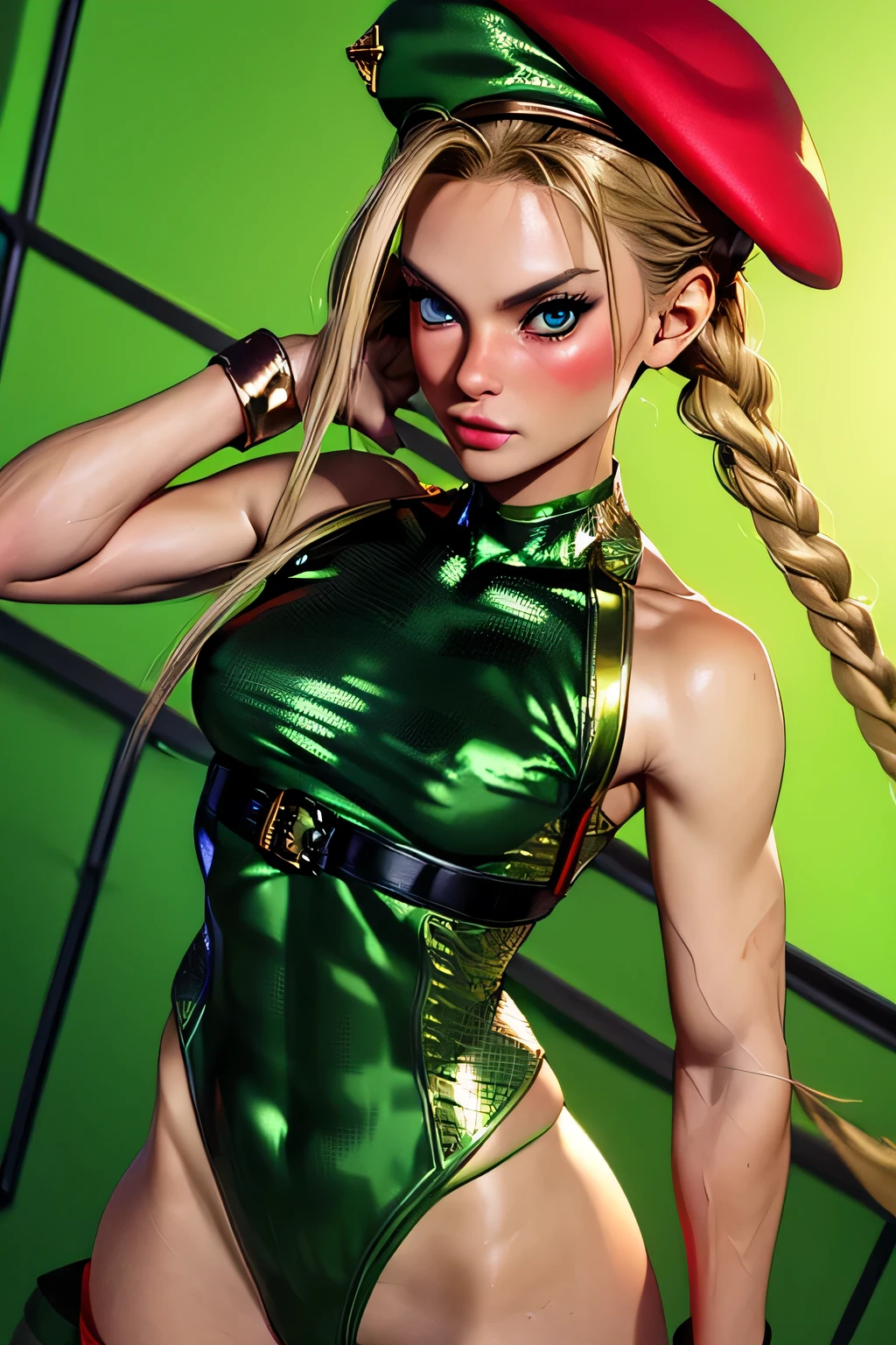  top quality , highest resolution,(((green leotard with metallic luster　red beret with metallic luster　Shiny Blonde))) Cammy　 twin tails　 braids