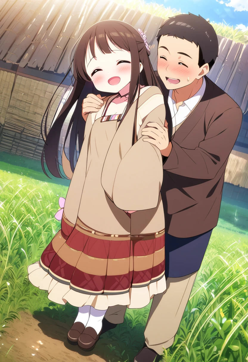  top quality 、 One Girl 、One Man、A man clings to a girl、 man grabs girl's chest、Delighted man、Tiny breasts、 shiny dark brown hair 、 long straight hair、Rural Areas、Villager clothes 、field、smile、A little blush、The sun shines in、 Full Body Vision