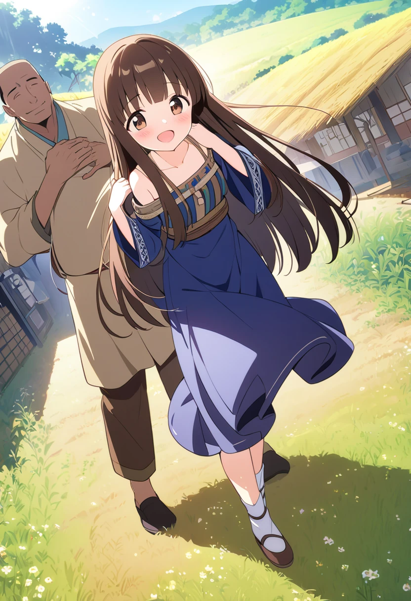  top quality 、 One Girl 、One Man、A man clings to a girl、 man grabs girl's chest、Delighted man、Tiny breasts、 shiny dark brown hair 、 long straight hair、Rural Areas、Villager clothes 、field、smile、A little blush、The sun shines in、 Full Body Vision