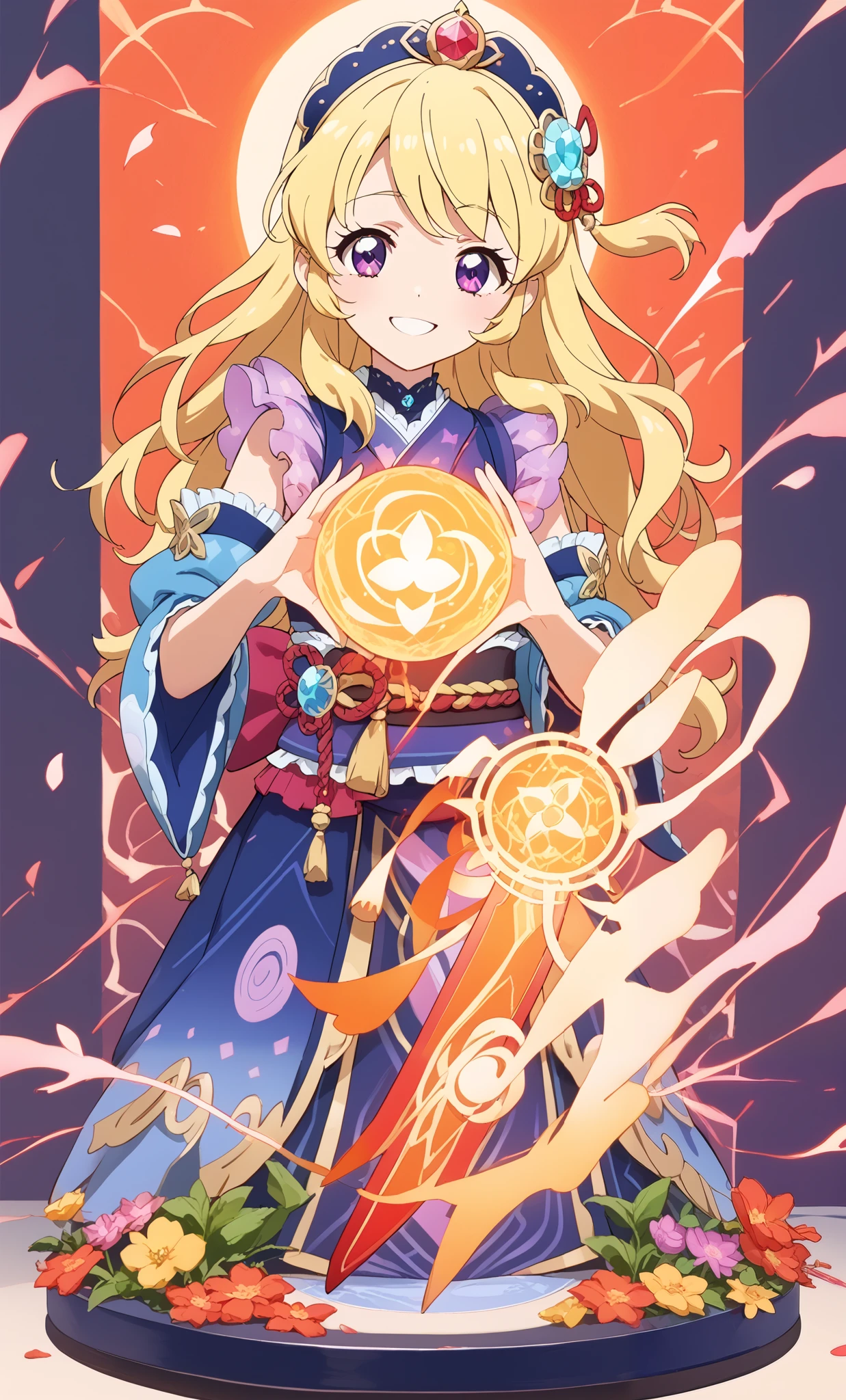 aikatsu,Blonde_HAIR,RED_HAIR_bandmasterpiece,best quality,ultra-detailed,super detailed skin,an extremely delicate and beautiful,beautiful detailed eyes,in1, 8K,miniature,(phantom impact),a little smile,dark effect,camellia flower pattern on kimono(black color),full body paint,black sword in hand,hair ornament,((long yellow hair)),geta,glowing ornament,purple glowing electric shocks,20 year old man,glowing skin, hem,obi clip,in the shrine,solar eclipse