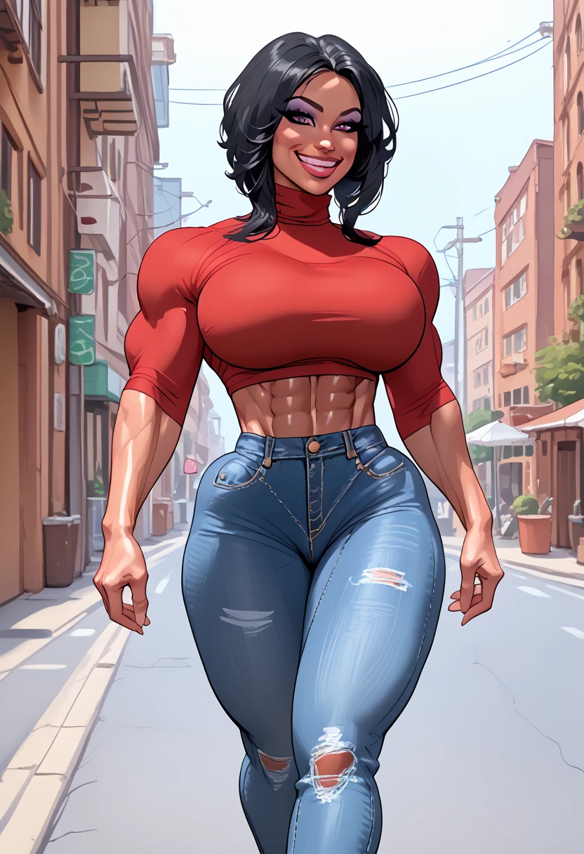 very attractive 23 yo latina woman, female bodybuilder, ultra muscular thighs, ((dark)) perfect flawless skin, long straight raven-black hair, friendly soft smile, massive bulging musculature, extremely ((muscular)) thighs, enormous hips, round bulging glutes, curvy glutes, mega thighs huge, enormous calves, most beautiful perfectly trained feminine body, wearing jeans and turtleneck pullover, free midriff