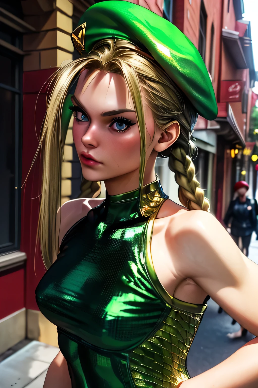  top quality , highest resolution,(((green leotard with metallic luster　red beret with metallic luster　Shiny Blonde))) Cammy　 twin tails　 braids　Around town