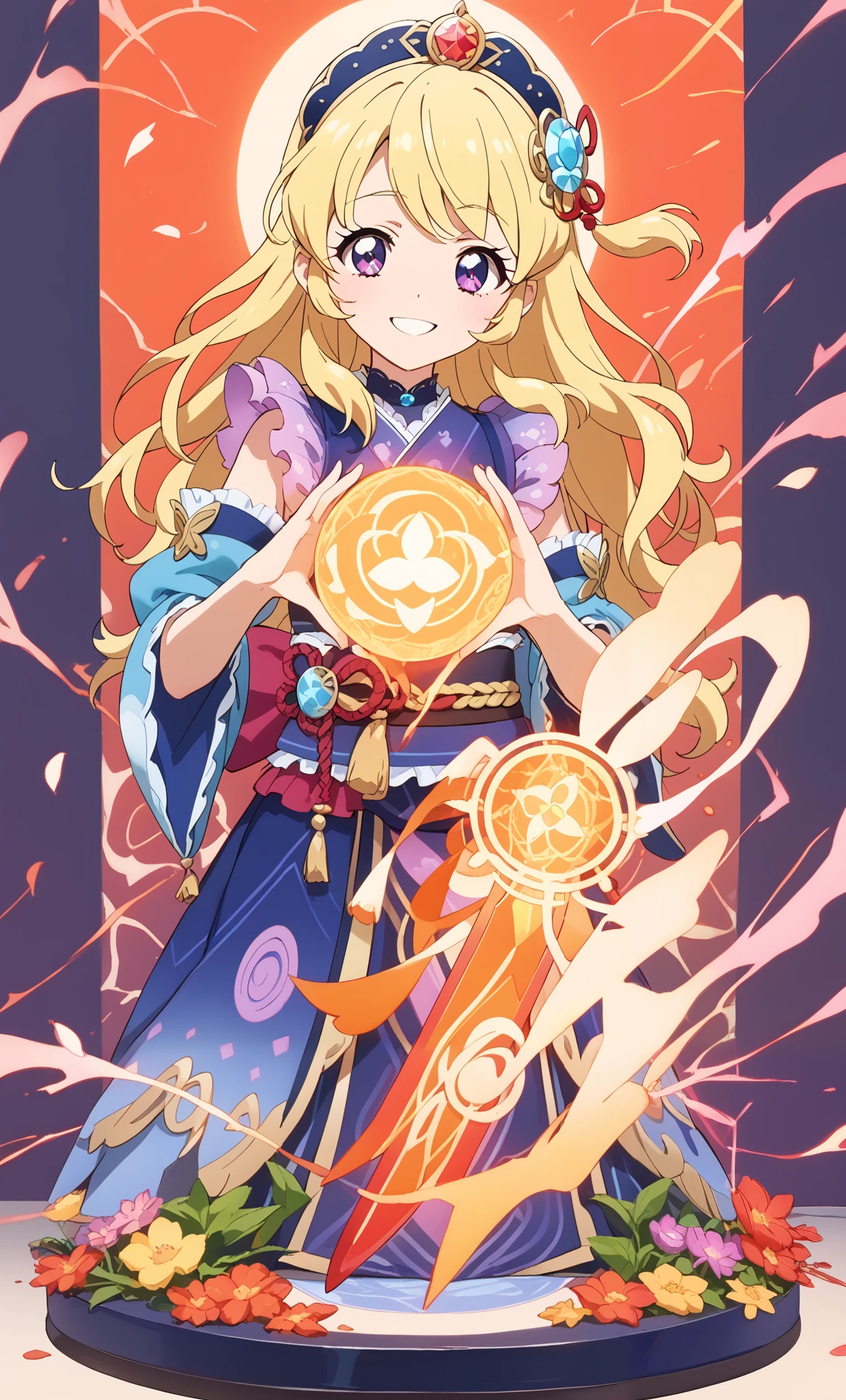 aikatsu,Blonde_HAIR,RED_HAIR_bandmasterpiece,best quality,ultra-detailed,super detailed skin,an extremely delicate and beautiful,beautiful detailed eyes,in1, 8K,miniature,(phantom impact),a little smile,dark effect,camellia flower pattern on kimono(black color),full body paint,black sword in hand,hair ornament,((long yellow hair)),geta,glowing ornament,purple glowing electric shocks,20 year old man,glowing skin, hem,obi clip,in the shrine,solar eclipse