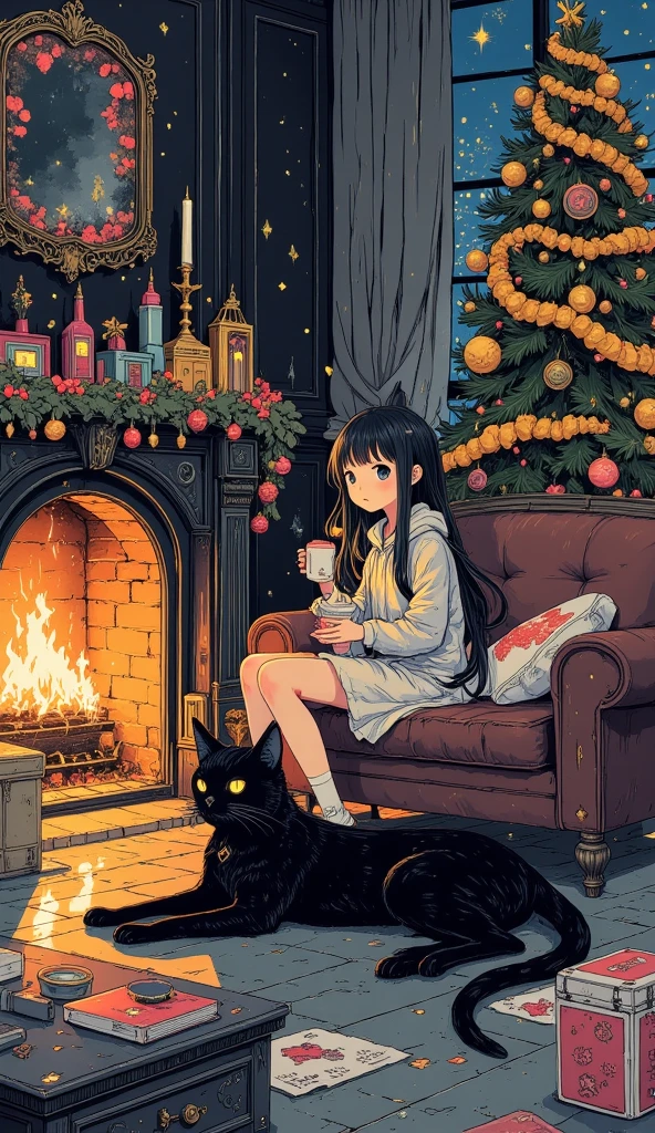  A black cat with glowing yellow eyes , dazzling , bioluminescentes. 
 Santa Claus dress.
 Is lying in front of a burning fireplace .
 Next to a beautifully decorated Christmas tree .
A brown leather couch .
 A beautiful young Korean girl sitting on the leather couch drinking hot chocolate.
(anime style 32K, HDR, UHD, intricate detail, extremely intricate detail, hyperrealistic, extremely realistic, high quality,   vivid color  , extremely detailed).