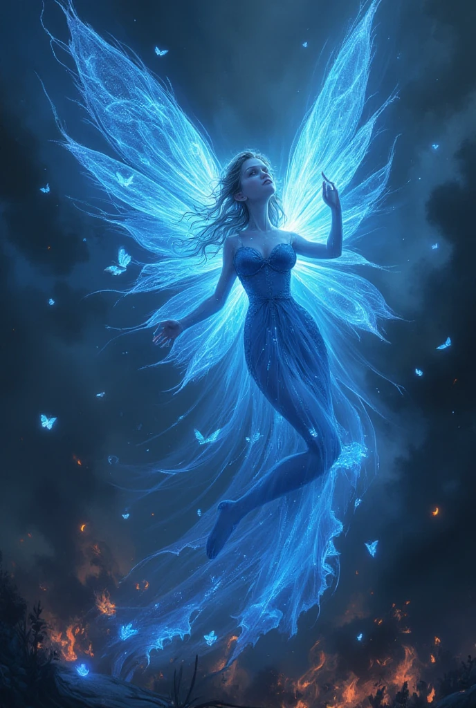 A blue fairy with a strong and beautiful light that flutters among bright dark flames and iridescent butterflies under a gloomy and dark sky, frightening and terrifying.. [Image of a glowing fairy between black fog and iridescent butterflies]