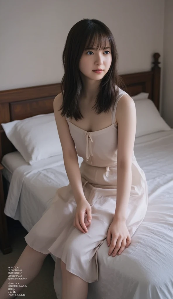 ((( top quality , very detailed,masterpiece, very detailed))) ,(((  bend your knees))),Loose chest, see-through, camisole, One Piece,barefoot, One Girl , realistic , lies down,bedroom、 looks sleepy
