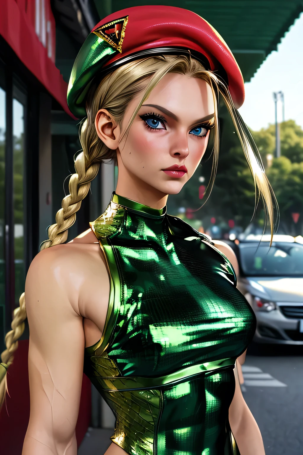  top quality , highest resolution,(((green leotard with metallic luster　red beret with metallic luster　Shiny Blonde))) Cammy　 twin tails　 braids　Around town　 cute