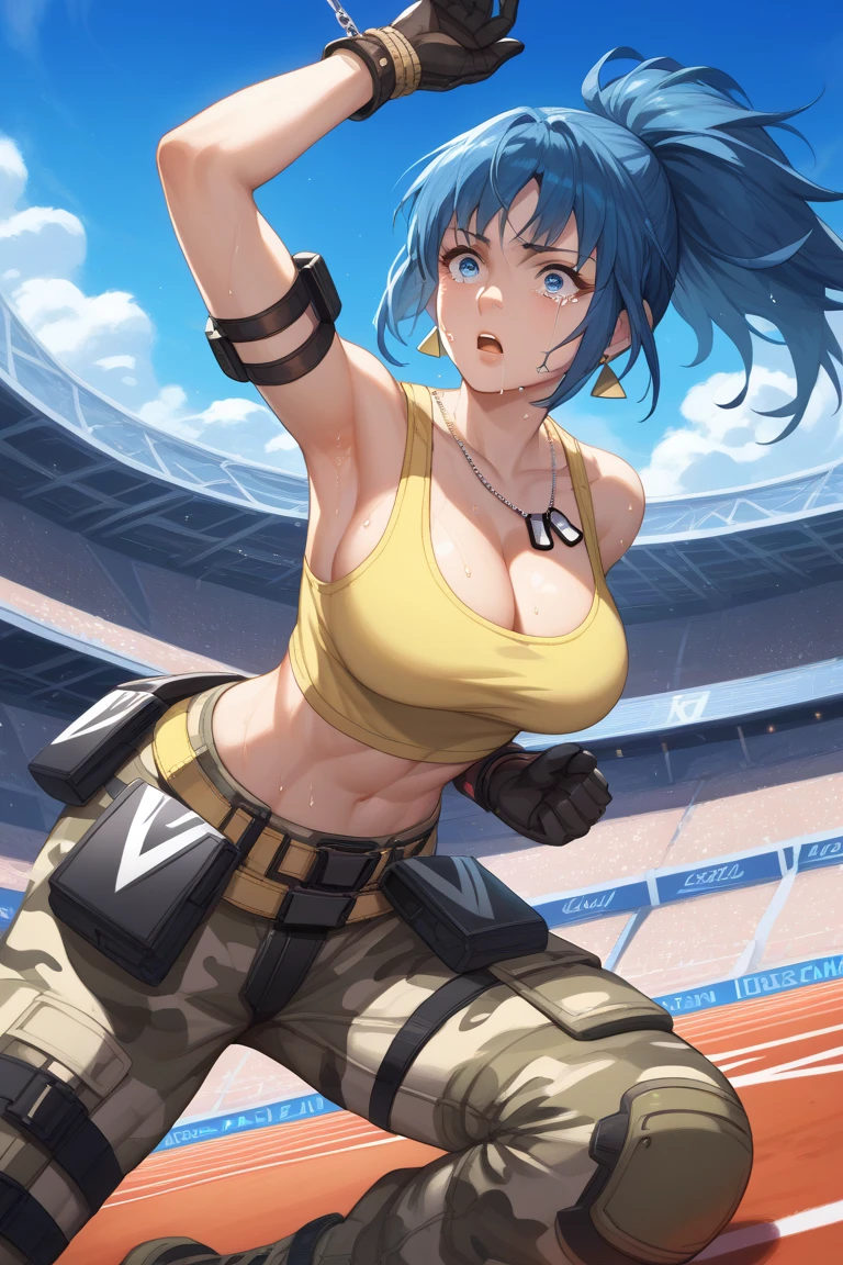 score_9, score_8_up, score_7_up, source_anime, solo, 1girl, Leona Heidern, dark yellow tank top, midriff, cleavage, camouflage pants, triangle earrings, black gloves, looking at armpit, parted lips, dark blue hair, blue eyes, ponytail, dog tags, military background, armpit open up, hands tied, muscular, sweaty, shoulder bracelet, looking at side, scared, open mouth, crying, colosseum, blue sky, clear sky, lying on ground 