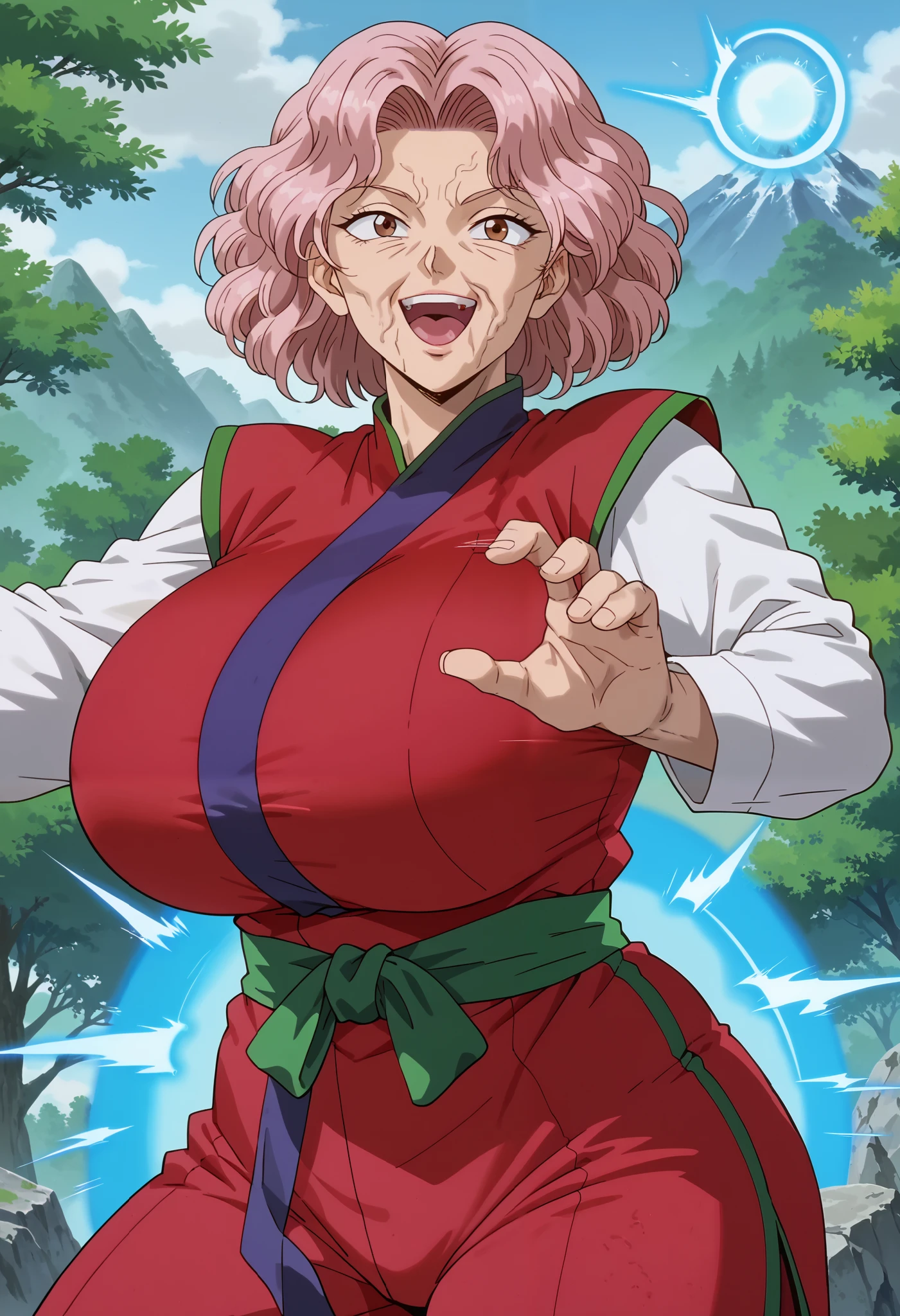 score_9, score_8_up, score_7_up, score_6_up, score_5_up, score_4_up, masterpiece, best quality, very aesthetic, absurdres, source_anime, anime screencap, 1990s \(style\), BREAK (1old woman), genkai, pink hair, (((wrinkled face, wrinkled skins, old aged face, mature face, old face))), (long sleeves, pants, sash, chinese clothes), ((natural soft, ultra huge breasts, ultra huge cleavage, ultra huge tits, ultra huge boob)), (outdoors, besides rock wall, between cliff, mountain view, trees), (close up angle, zoom up angle), open mouth, shout, loud, (((blue energy aura, energy ball, Kamehameha gesture to viewer))), 