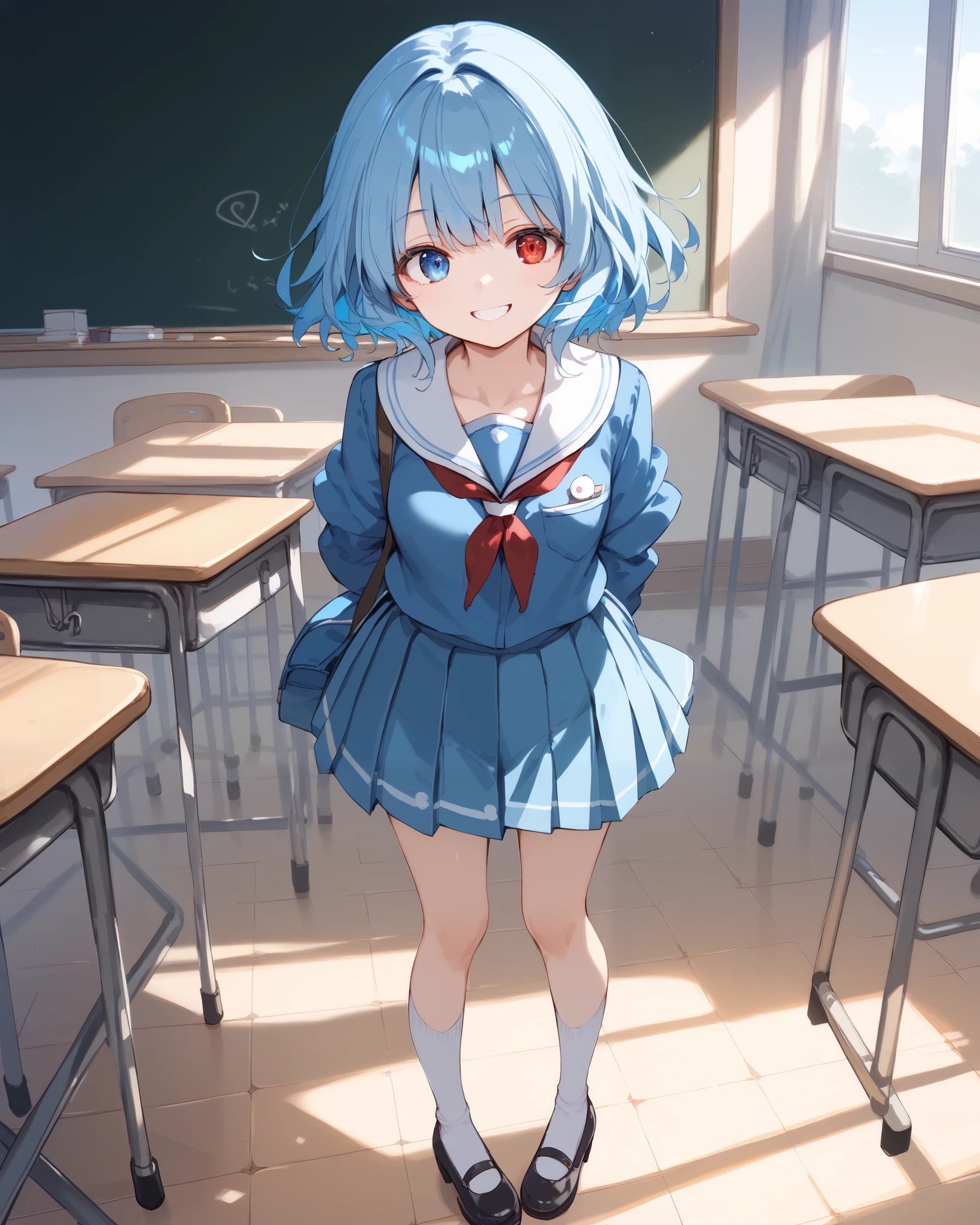 score_9, score_8_ up, score_7_ up, _Anime,  top quality , masterpiece, rating_  safe break
1 girl,Alone,   break
Kogasan  , Tatarakogasa, Shorthair,  blue hair, bangs,  Heterochromia ,  red eyes,  blue eyes,
Sera Clothing,  school uniform,  pleated skirt,  holding white socks , Mary janes black footwear , 
 standing, smile,  viewers,   open mouse, 
internal, classroom,