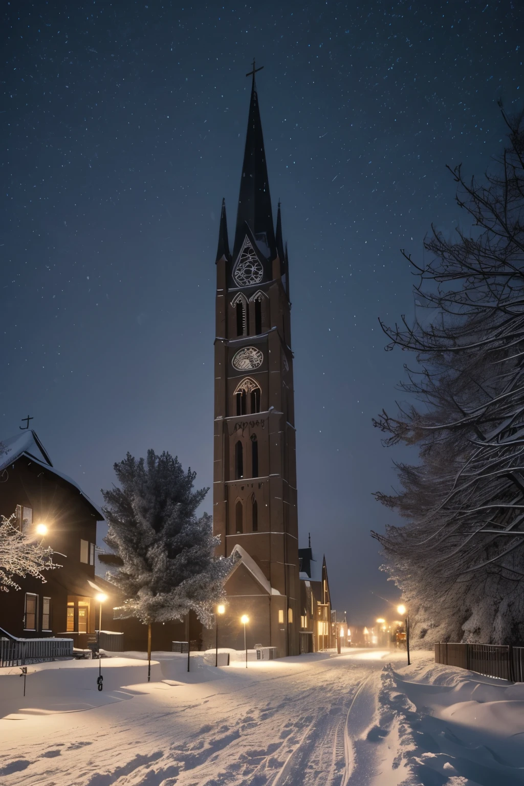 a snowy street with a church tower in the background, snowy winter christmas night, snowy winter, snowy night, very magical and dreamy, winter night, winter wonderland, light snowfall, beautiful lit, 8k)), snowy winter scene, winter in the snow, winter scene fantasy, magical village, snow glow, perfect lighting in a snow storm, snowfall at night, winter setting