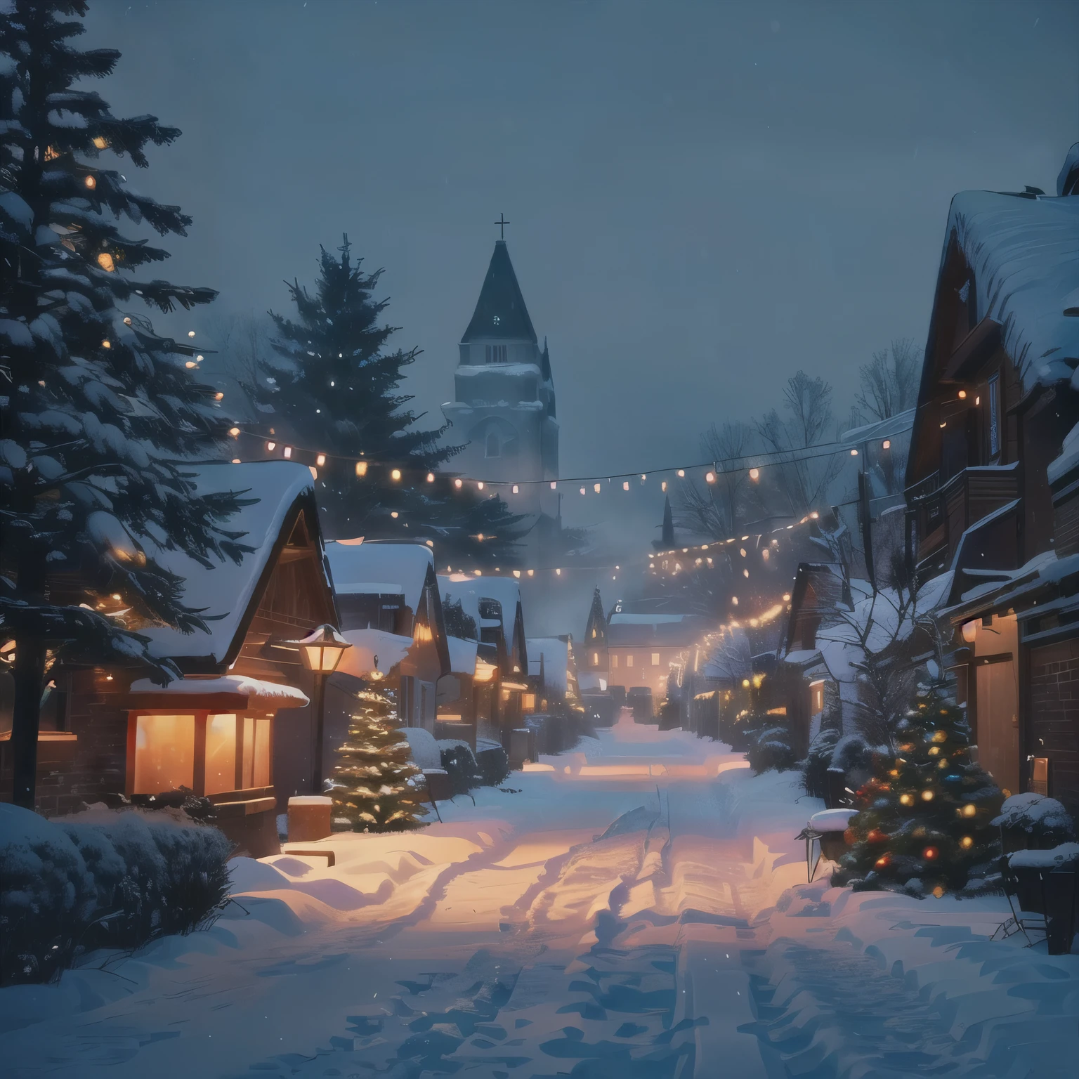 a snowy street with a church tower in the background, snowy winter christmas night, snowy winter, snowy night, very magical and dreamy, winter night, winter wonderland, light snowfall, beautiful lit, 8k)), snowy winter scene, winter in the snow, winter scene fantasy, magical village, snow glow, perfect lighting in a snow storm, snowfall at night, winter setting