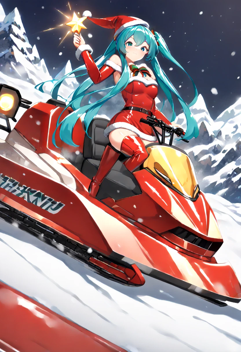 (hatsune miku:1.2), (gleaming skin, shiny skin:1.4), (santa uniform, thigh boots, red footwear:1.4), (santa-snowmobile:), (driving snowmobile:1.4), (snow mountain:1.4), (midnight:1.4),