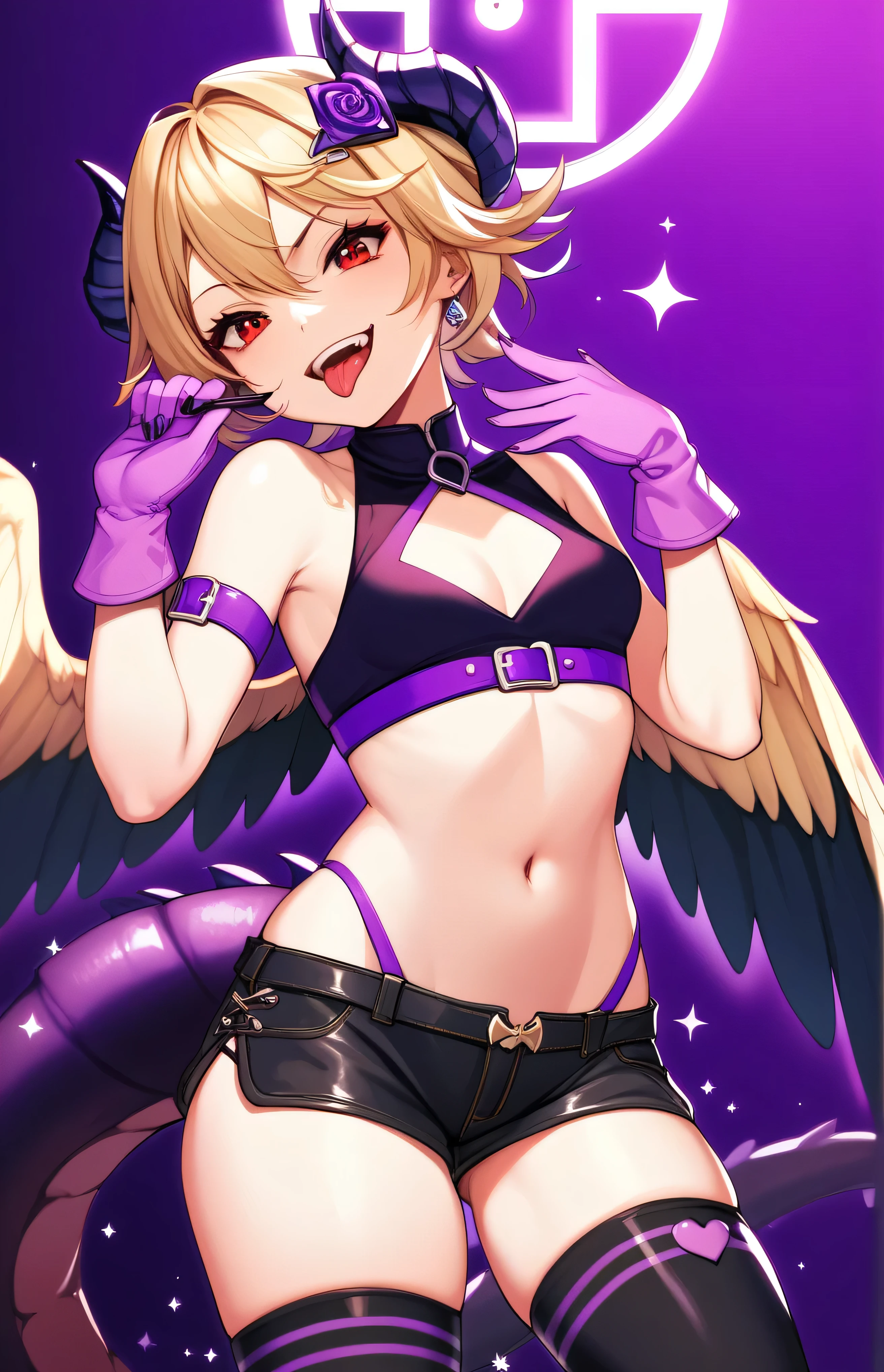 masterpiece, best quality, good quality, newest, CEL, AnFit, red eyes, blonde hair, purple crop top, 1girl, tongue out, black thighhighs, looking at viewer, purple gloves, cowboy shot, short shorts, black shorts, small breasts, highleg panties, hair ornament, purple background, underwear, hand up, panty straps,evil smile, cleavage cutout, simple background, open mouth, purple panties, two-tone background, pink gloves, sidelocks, outline, black wings, purple wings, dragon tail, feathered wings,  hip ornaments,shaded face(eyes in shadow)