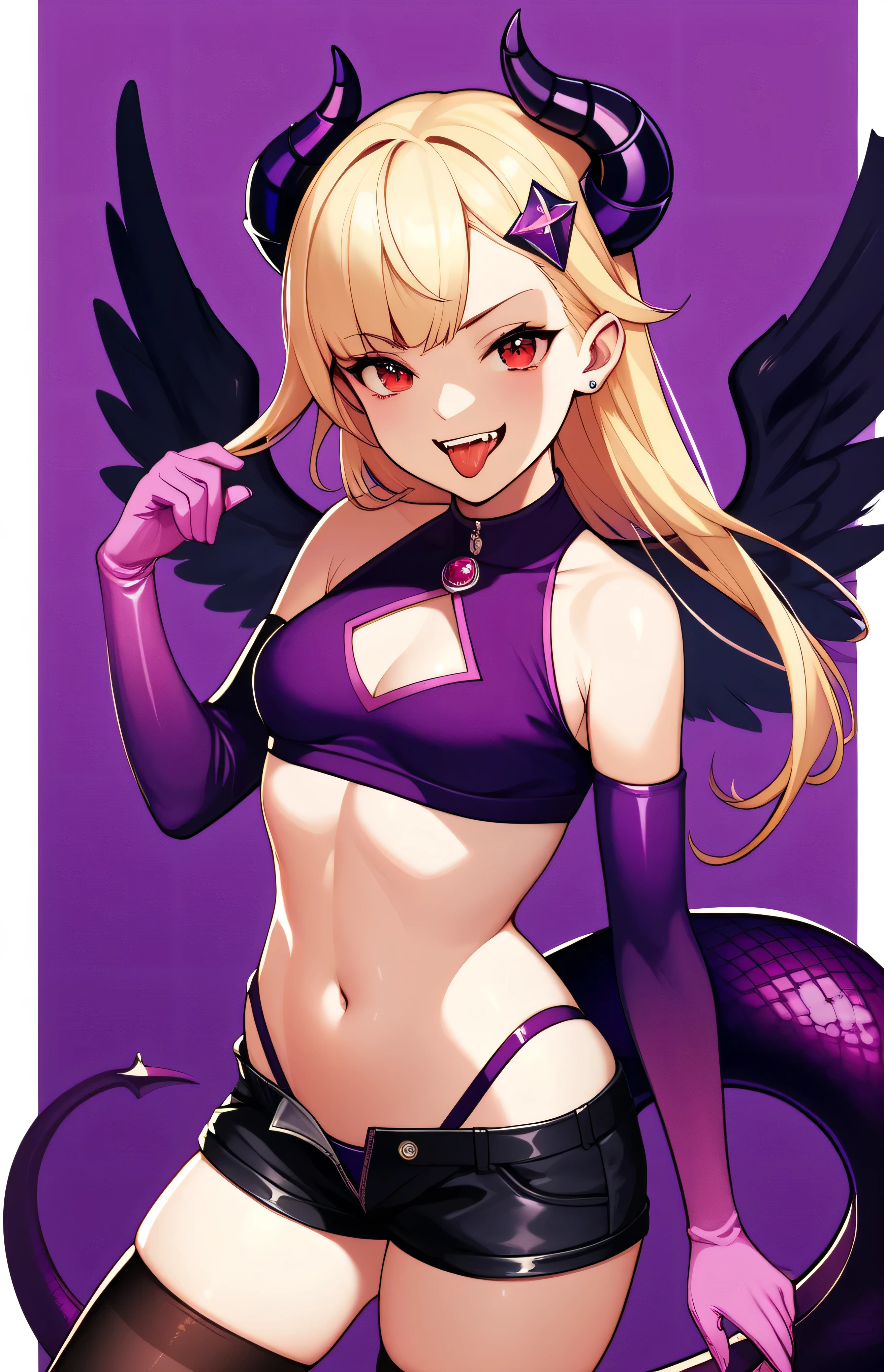 masterpiece, best quality, good quality, newest, CEL, AnFit, red eyes, blonde hair, purple crop top, 1girl, tongue out, black thighhighs, looking at viewer, purple gloves, cowboy shot, short shorts, black shorts, small breasts, highleg panties, hair ornament, purple background, underwear, hand up, panty straps,evil smile, cleavage cutout, simple background, open mouth, purple panties, two-tone background, pink gloves, sidelocks, outline, black wings, purple wings, dragon tail, feathered wings, hip ornaments,shaded face(eyes in shadow)