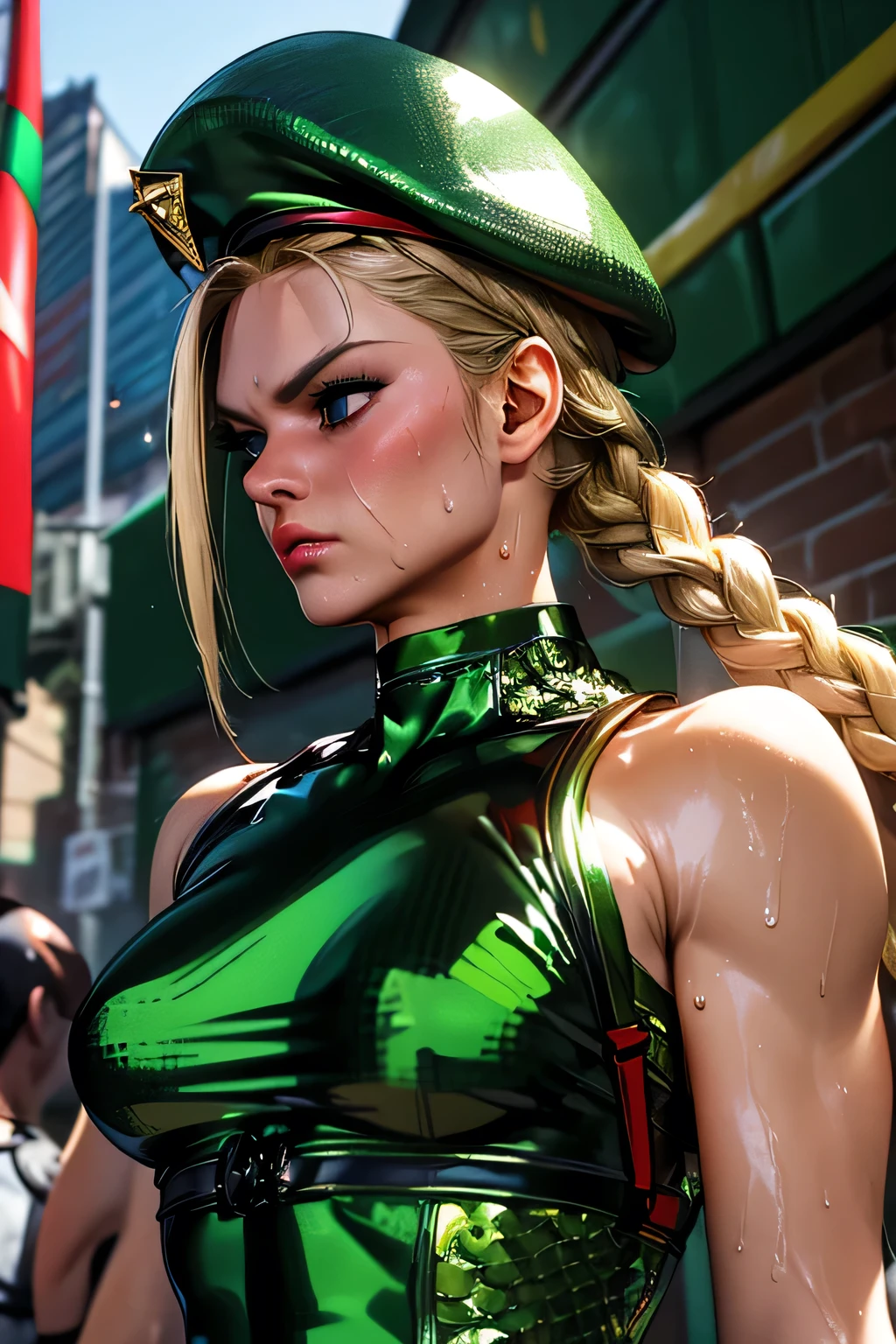  top quality , highest resolution,(((latex green leotard with metallic luster　red beret with metallic luster　Shiny Blonde　sweat))) Cammy　 twin tails　 braids　Around town