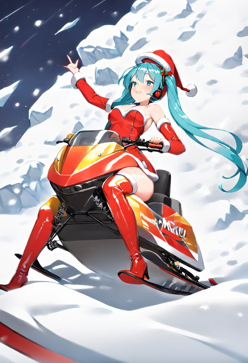 (hatsune miku:1.2), (gleaming skin, shiny skin:1.4), (santa uniform, thigh boots, red footwear:1.4), (santa-snowmobile:), (driving snowmobile:1.4), (snow mountain:1.4), (midnight:1.4),