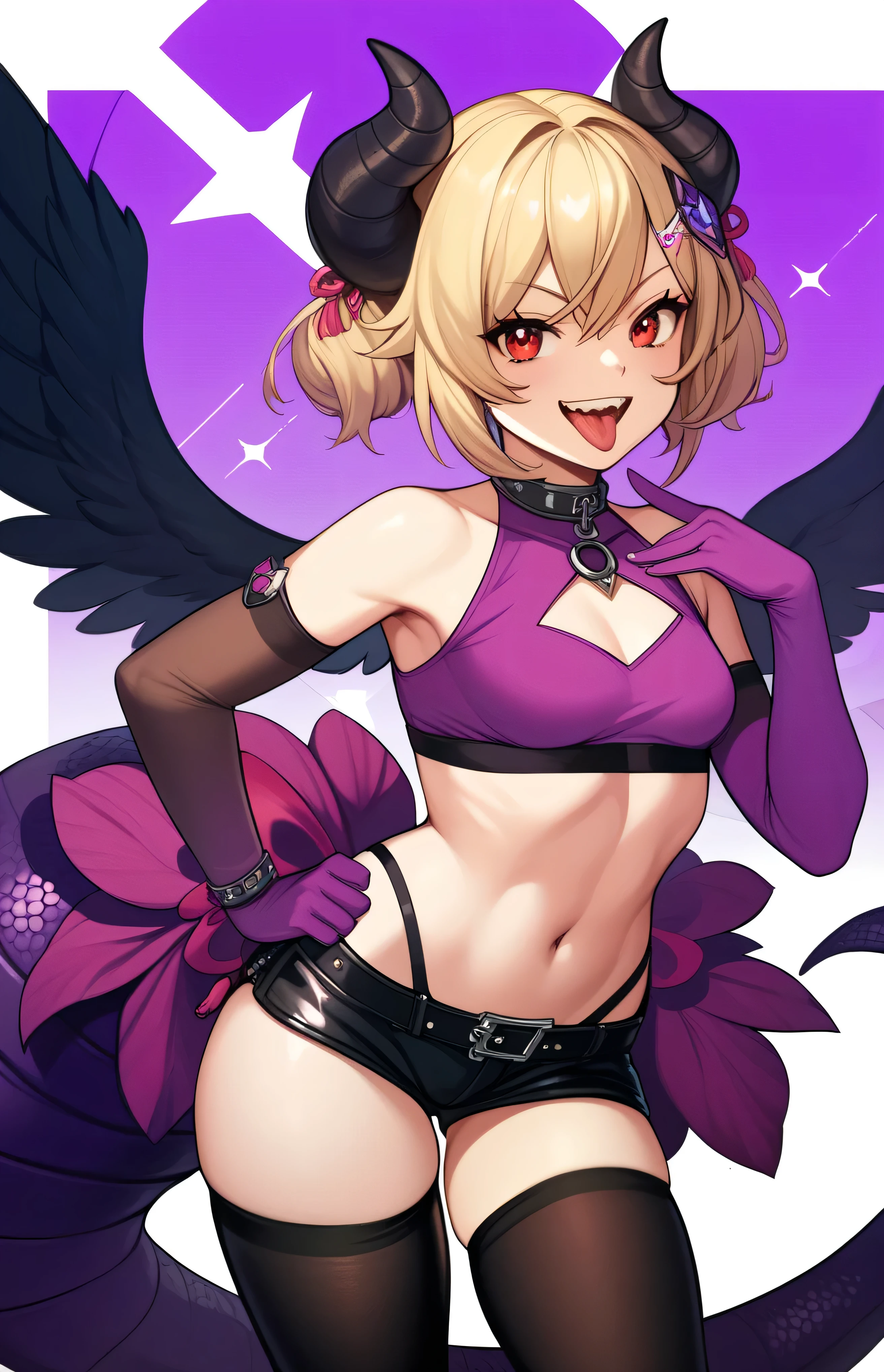 masterpiece, best quality, good quality, newest, CEL, AnFit, red eyes, blonde hair, purple crop top, 1girl, tongue out, black thighhighs, looking at viewer, purple gloves, cowboy shot, short shorts, black shorts, small breasts, highleg panties, hair ornament, purple background, underwear, hand up, panty straps,evil smile, cleavage cutout, simple background, open mouth, purple panties, two-tone background, pink gloves, sidelocks, outline, black wings, purple wings, dragon tail, feathered wings,  hip ornaments,shaded face(eyes in shadow)