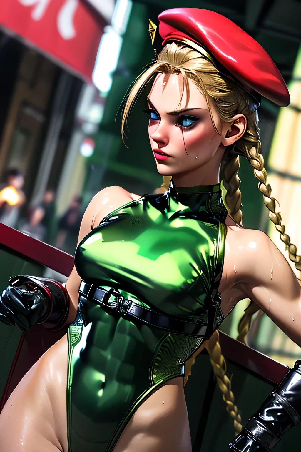  top quality , highest resolution,(((latex green leotard with metallic luster　red beret with metallic luster　Shiny Blonde　sweat))) Cammy　 twin tails　 braids　Around town