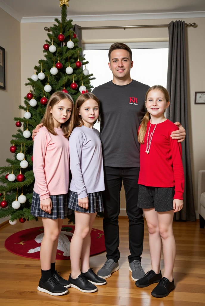 Heic photo of father with his group of  daughters posing in lounge room standing in front of Christmas tree. Daughters wearing transparent tights. Young Girls looking at camera. Daughters are aged 10. High definity camera