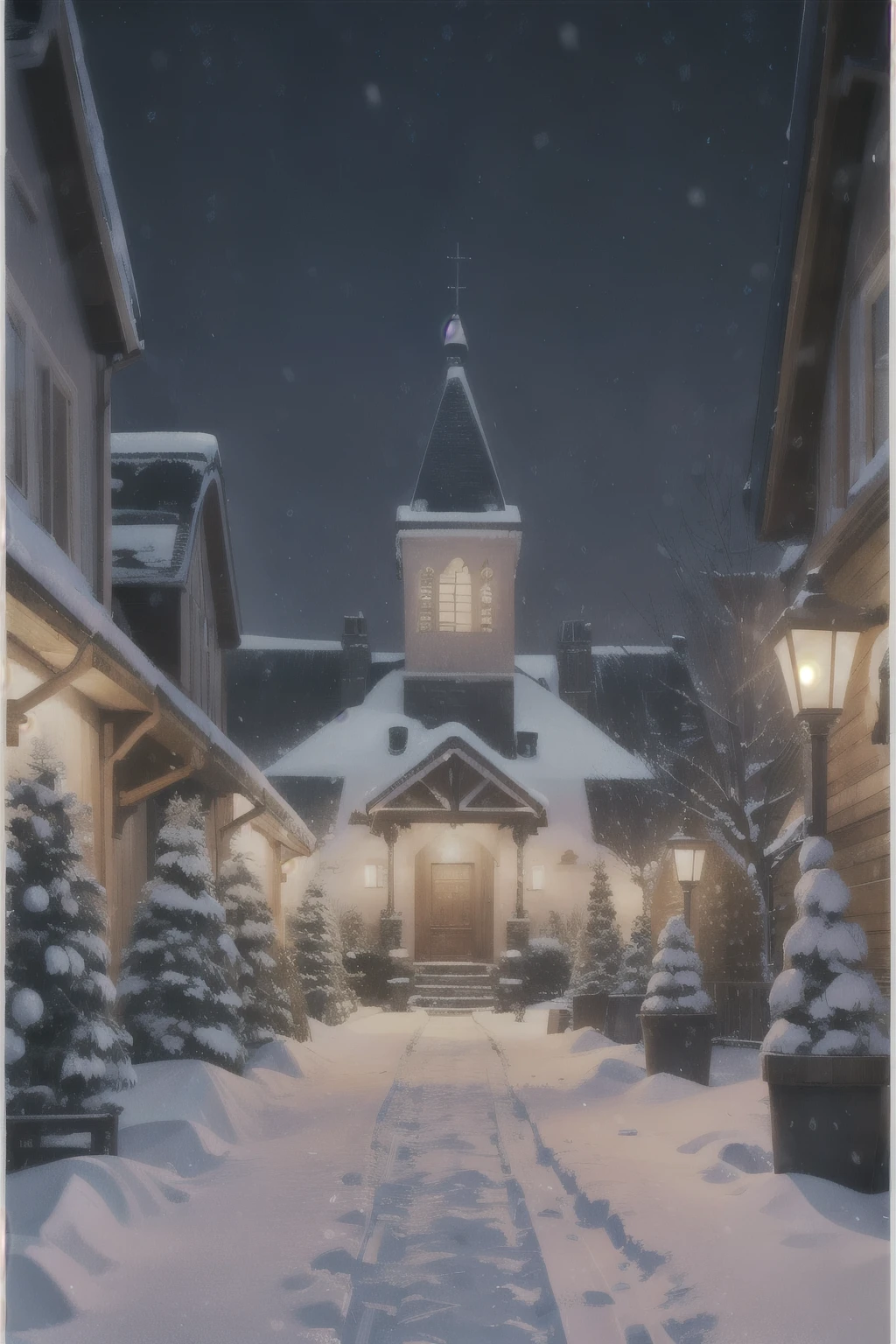 a snowy street with a church tower in the background, snowy winter christmas night, snowy winter, snowy night, very magical and dreamy, winter night, winter wonderland, light snowfall, beautiful lit, 8k)), snowy winter scene, winter in the snow, winter scene fantasy, magical village, snow glow, perfect lighting in a snow storm, snowfall at night, winter setting