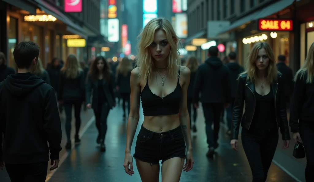 Night, realistic, photography showing a frail, drug-addicted young blonde woman, resembling Emma Stone, with a large interpupillary distance. She has smokey eyes, wears black shorts and flat black shoes, her thin and fragile body moving unsteadily like a drug addict. Seen from the front, she walks down a bustling New York City pedestrian walkway at night, neon lights from vibrant signs glowing above and reflecting off the wet pavement. She moves against the flow of pedestrians, who part slightly to avoid her, their faces blurred and indifferent. Her hollow, unfocused eyes and slouched posture emphasize her despair and isolation amidst the crowd