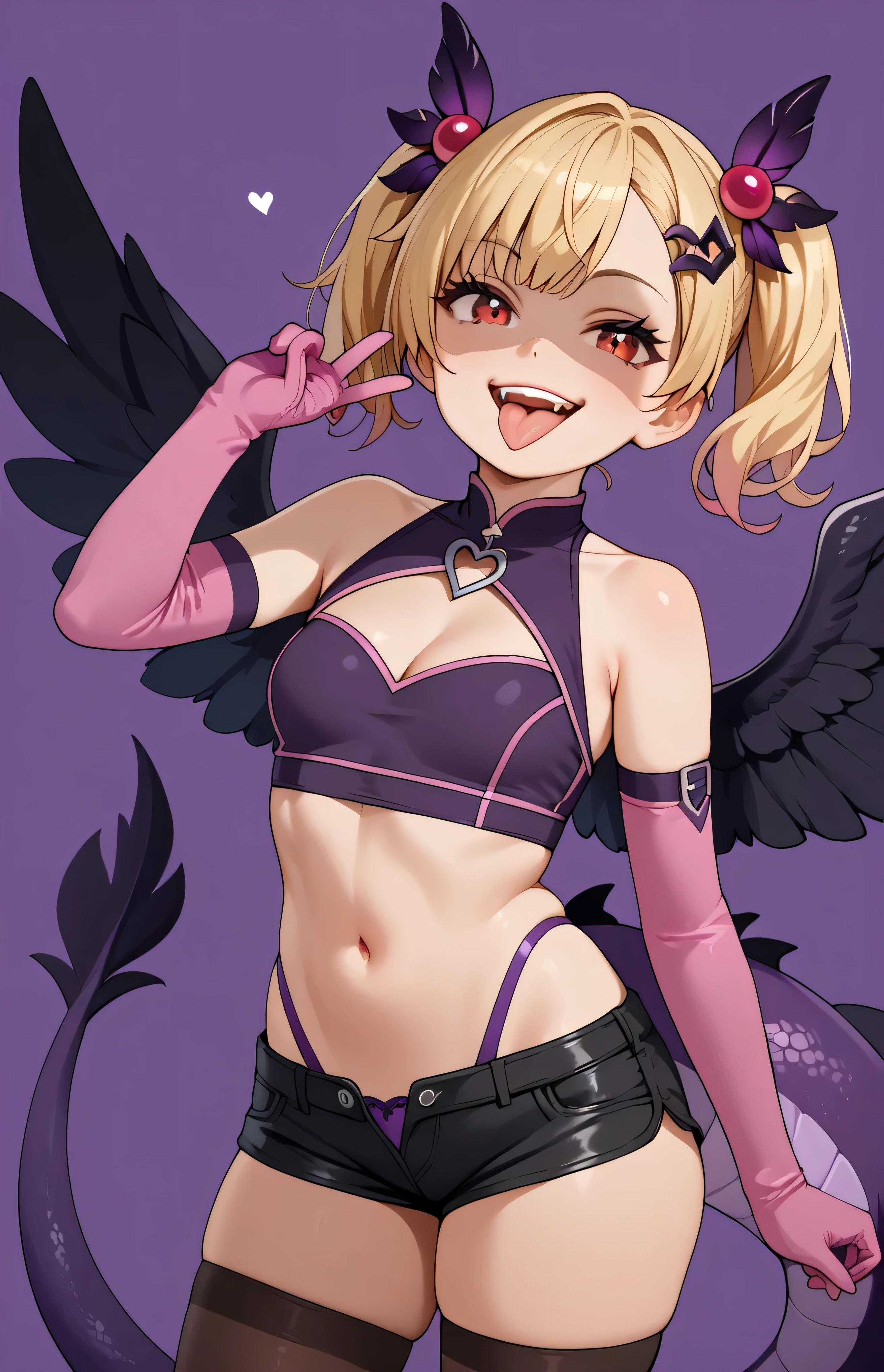 masterpiece, best quality, good quality, newest, CEL, AnFit, red eyes, blonde hair, purple crop top, 1girl, tongue out, black thighhighs, looking at viewer, purple gloves, cowboy shot, short shorts, black shorts, small breasts, highleg panties, hair ornament, purple background, underwear, hand up, panty straps,evil smile, cleavage cutout, simple background, open mouth, purple panties, two-tone background, pink gloves, sidelocks, outline, black wings, purple wings, dragon tail, feathered wings,  hip ornaments,shaded face(eyes in shadow),li.small height,