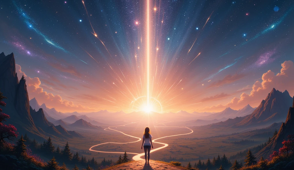 In the poster, a beautiful woman stands at a bright crossroads of many paths, each reaching to the horizon. The paths are illuminated by a soft, golden glow, contrasting with the gathering dusk of the sky filled with constellations. The character is outlined by radiant light, symbolizing courage and hope. Key Details: Foreground: The character stands confidently, his pose suggesting movement and determination. Background: The paths wind through a diverse landscape of mountains, forests, and plains, seamlessly merging with a sky filled with stars and galaxies.