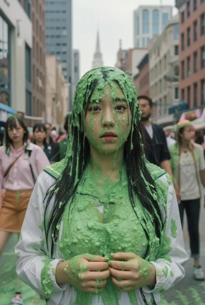 DSLR photograph. Beautiful Chinese woman covered in green water. Photorealistic. Wet liquid. Nasty slime. Raw photo. Wearing schoolgirl sailor uniform. New York City streets. Daytime. Green Slime. Dripping green goo. 21 years old. (Asian: 1.1). pigtails. Green water. Portrait photo. Beautiful Asian face. grabbing her boobs.