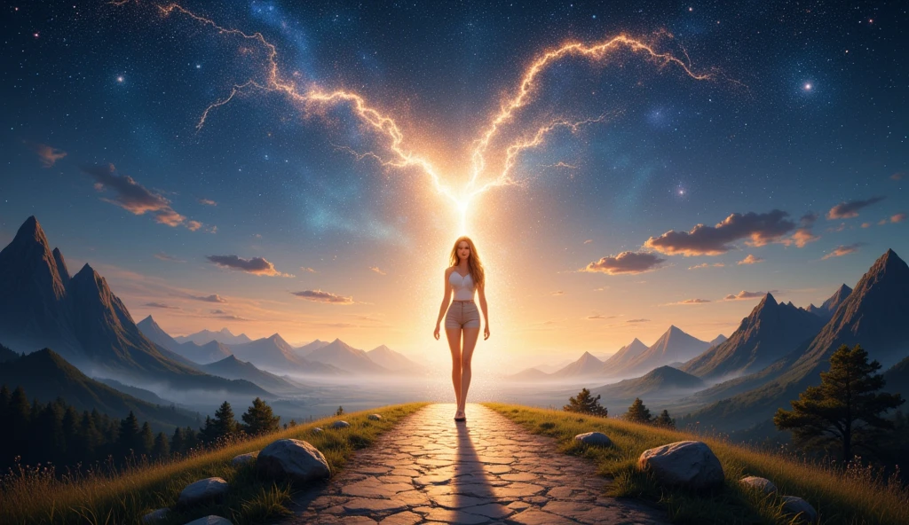 In the poster, a beautiful woman stands at a bright crossroads of many paths, each reaching to the horizon. The paths are illuminated by a soft, golden glow, contrasting with the gathering dusk of the sky filled with constellations. The character is outlined by radiant light, symbolizing courage and hope. Key Details: Foreground: The character stands confidently, his pose suggesting movement and determination. Background: The paths wind through a diverse landscape of mountains, forests, and plains, seamlessly merging with a sky filled with stars and galaxies.