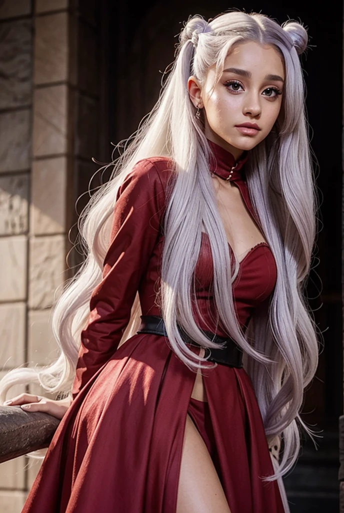 1girl, alone, solitary, high quality, (best quality,4k,8k,highres,masterpiece:1.2),ultra-detailed,(realistic,photorealistic,photo-realistic:1.37),gorgeous hair,white hair with cherry red ends,long straight hair with bangs,puffy eyes,mole on the cheek,plump lips,jewelry,(high detailed skin:1.4),(light room:1.3),(rim lighting:1.3),(lit:1.3),(sunny day:1.3),indoors,portrait,smirk, waist-length hair, red or black clothes