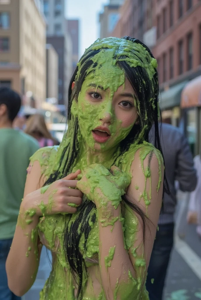 DSLR photograph. Beautiful Korean woman covered in green water. Photorealistic. Wet liquid. Nasty slime. Raw photo. Wearing pink push-up bra. New York City streets. Daytime. Green Slime. Dripping green goo. 21 years old. (Korean: 1.2). Ponytail. Green water. Portrait photo. Cleavage. Beautiful Korean face. grabbing her boobs. Monolid eyes. Mascara. Black eyeliner. Instagram model makeup.